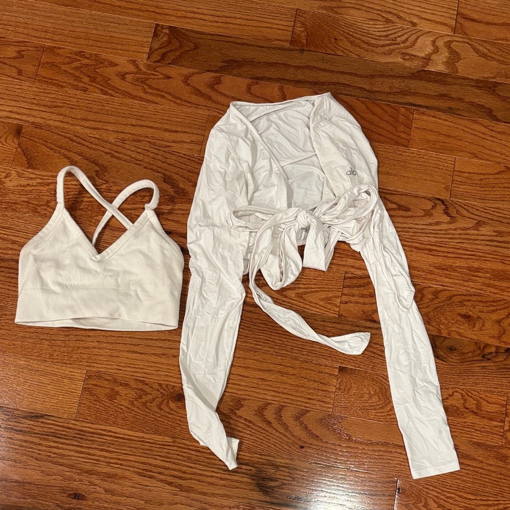 ALO Yoga White Sports Bra and Wrap Set